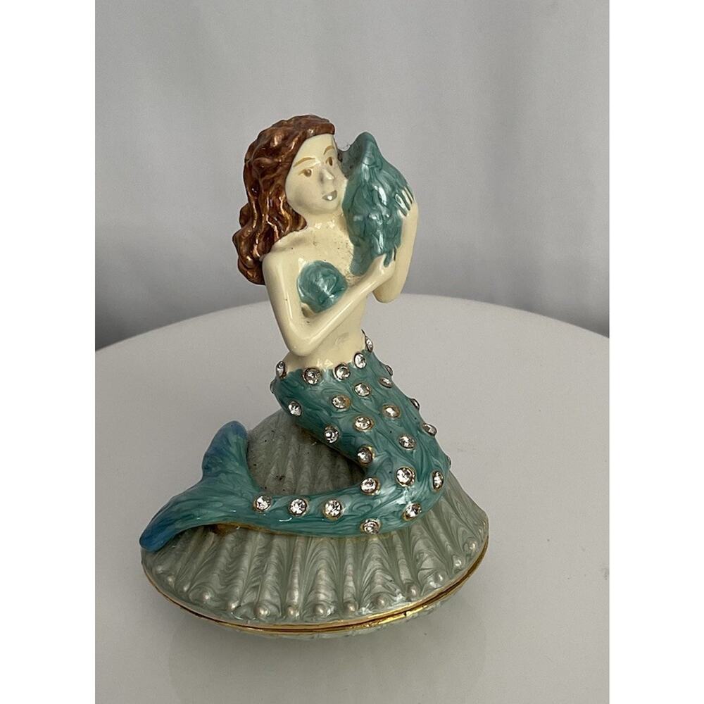 Hand Painted Enamel Jeweled Mermaid Trinket Box Magnetic Closure